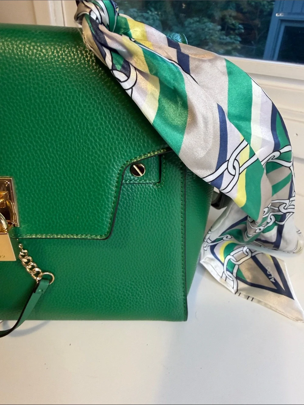 ALDO Kelly Green Top Handle Satchel Bag Gold Padlock Hardware with Scarf